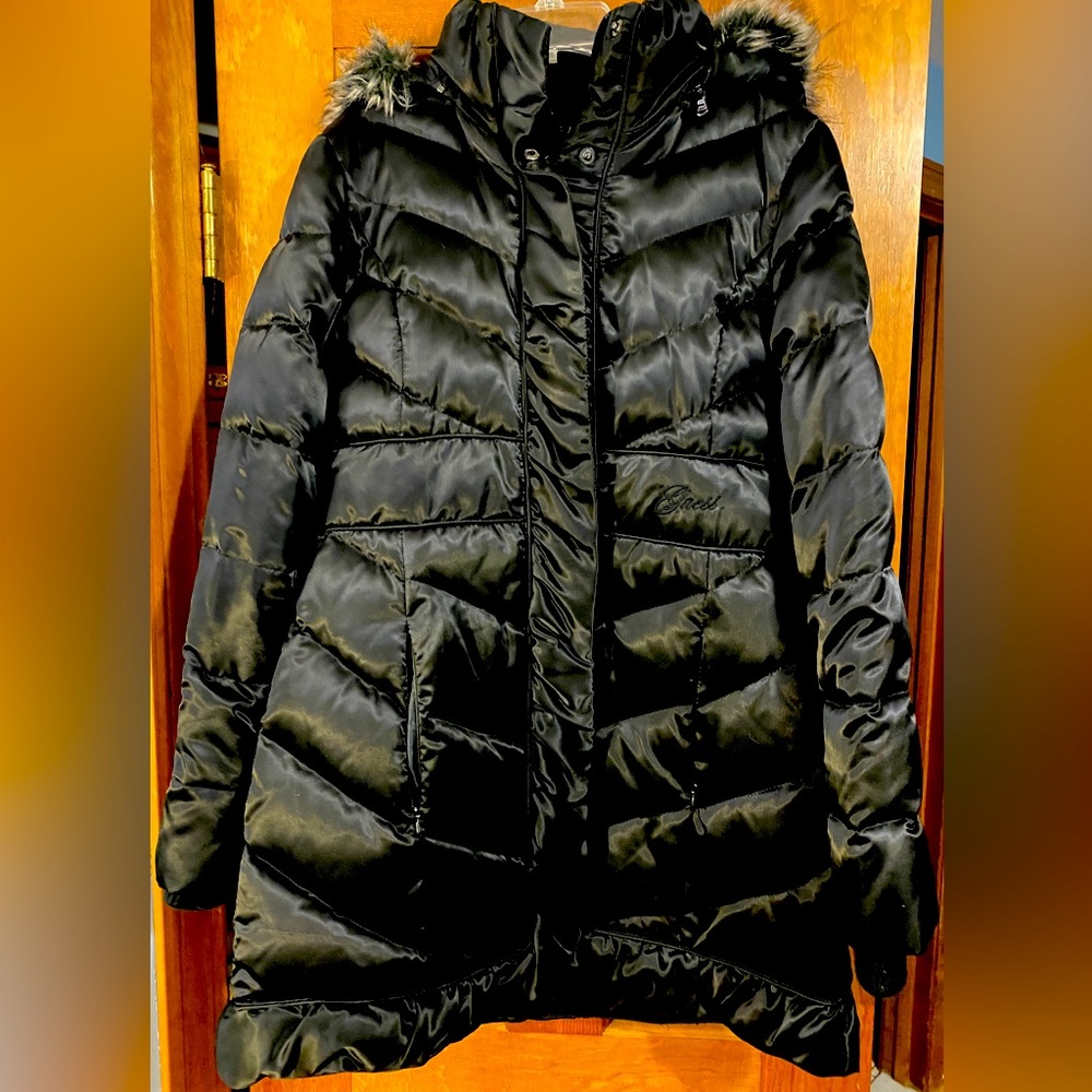 Guess, mid length puffy coat with zip off hood.